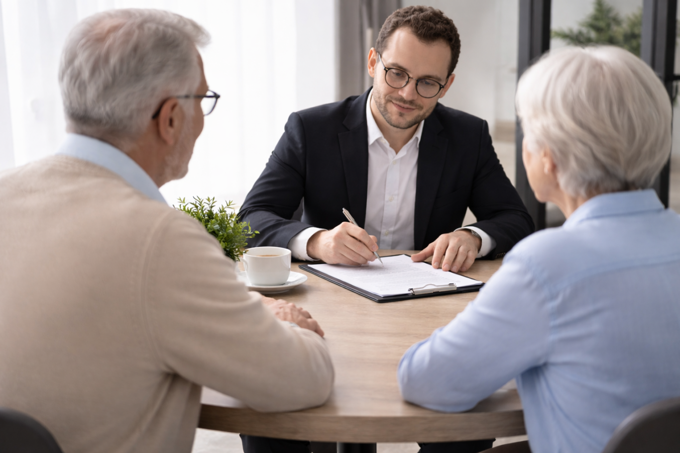 Der Inhaber von OCULUS-Immobilien Augsburg sitzt an einem Tisch und bespricht mit einem älteren Paar einen Immobilienverkauf.